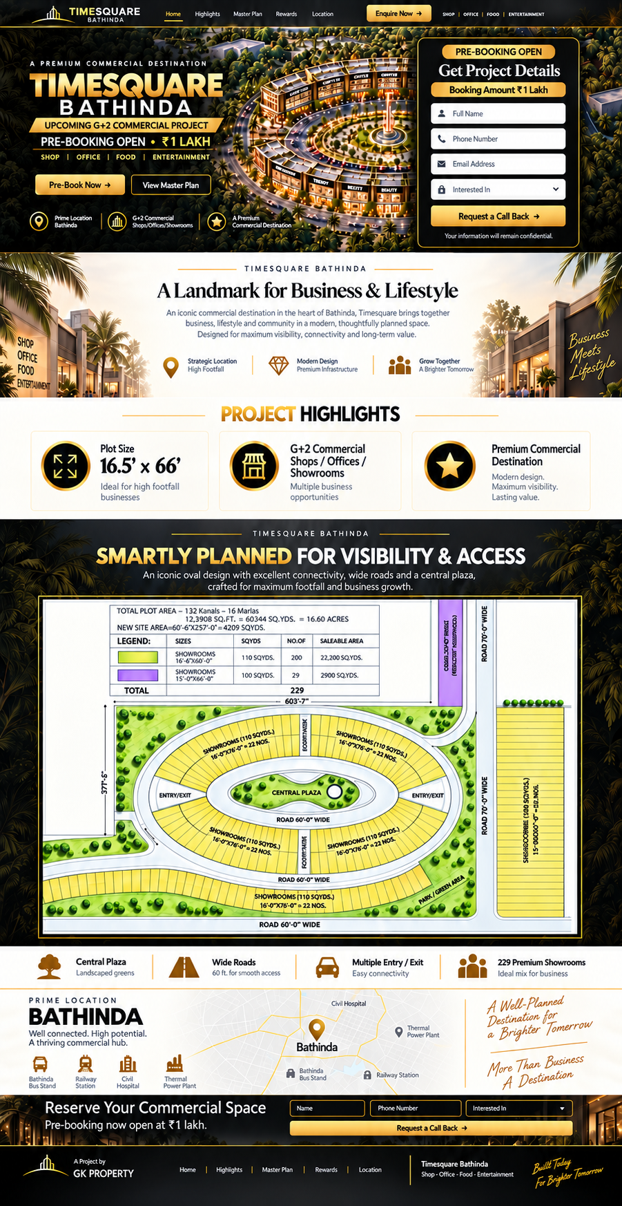 Timesquare Bathinda master plan showing oval showrooms, central plaza, entry and exit points, and 60-foot roads